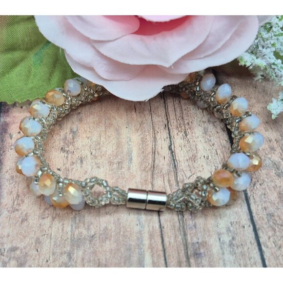 Sparkle Cluster Crystal Magnetic Clasp 7.5" Bracelet Frosted Amber Color Beads - Picture 6 of 11